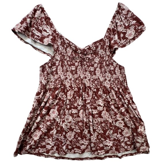 Mason & Belle Womens Smocked Babydoll Top XL Short Flutter Sleeves Burgundy & Cr - Picture 1 of 10